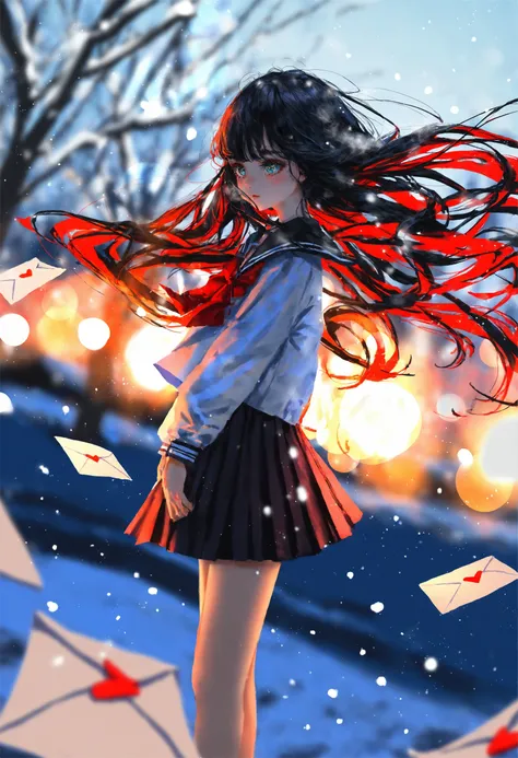 inoitoh, yoneyama mai, wlop, quasarcake, masterpiece, absurdres, aesthetic, best quality, 1girl, arms at sides, serafuku, winter theme, snow, outdoors, sparkle, glint, dynamic angle, contrast, high angle, red hair, black hair, flowing hair, light particles...