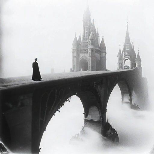 ArsMovieStill, movie still from a 1910s retro future  movie, The image shows a black and white photo of a bridge with a few people standing on it and a castle in the background shrouded in fog., greyscale, monochrome, cloud, scenery, castle, sky, outdoors,...