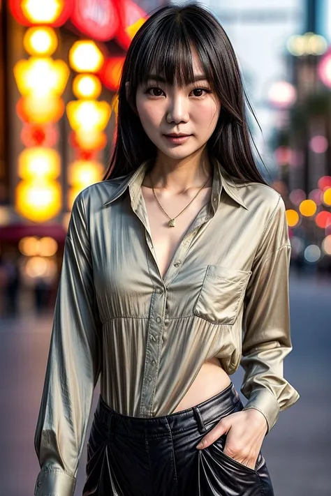 Asian woman, KM_katie, closeup, (shirt), pants, (las vegas strip), cross necklace , smiling , wide shoulders, perfect face, (contact iris: 1.1), pale skin, skin pores , depth of field, Dramatic, canon50, 8k