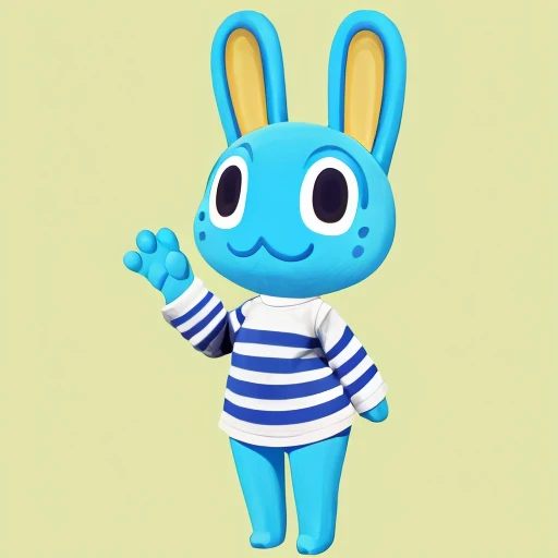 solo, hopkins (animal crossing), furry rabbit, 1boy, waving at viewer, full body, simple background, stripped shirt, long sleeves, looking at viewer