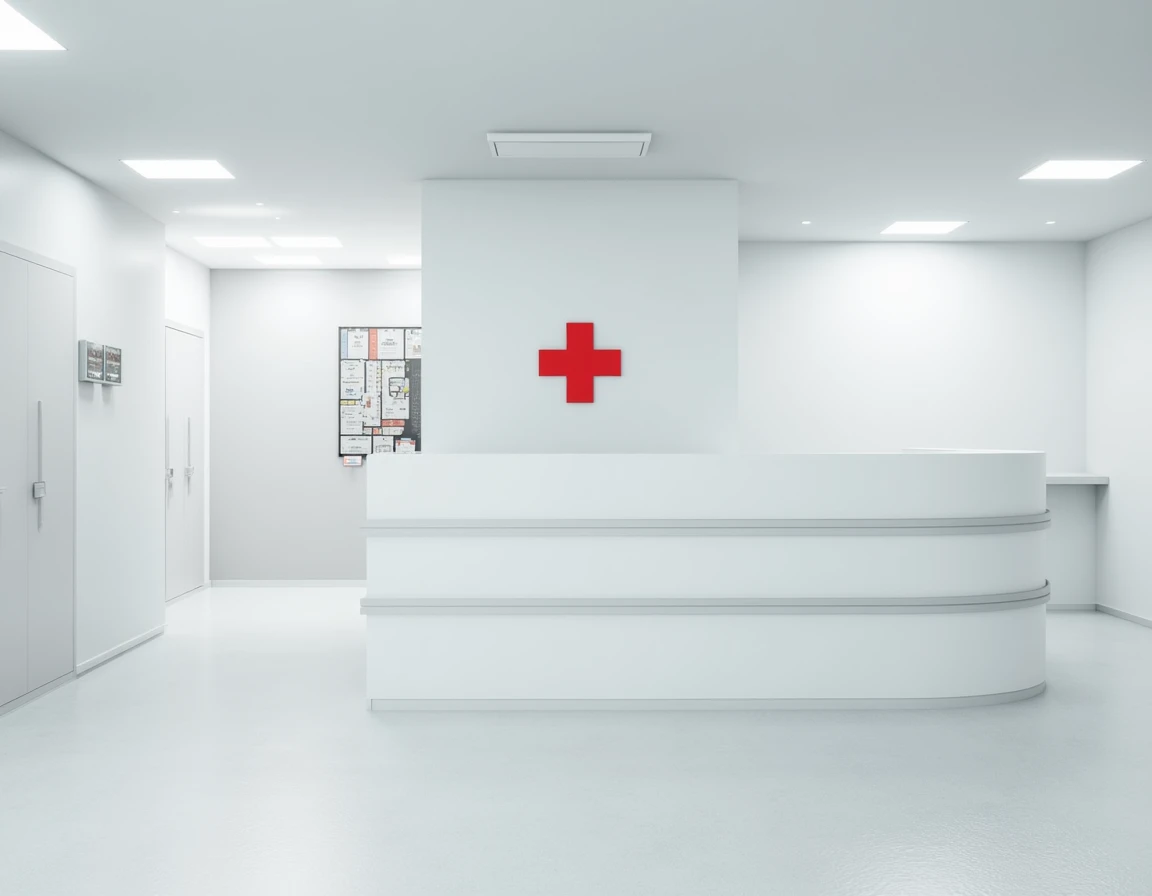 liminal hospital counter, stark white with a red cross and some floorplans at the wall, indoor