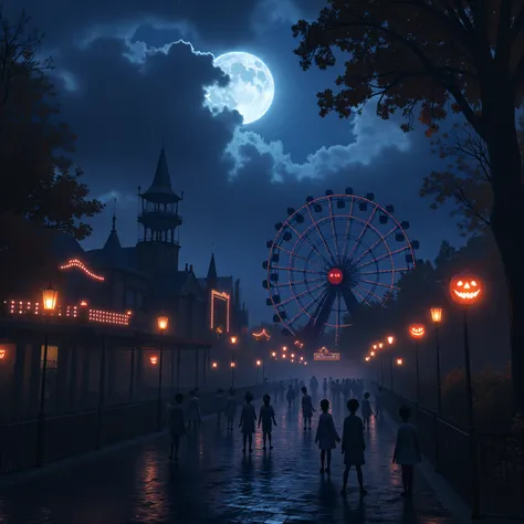 halloween-themed amusement park, rain, scenery, sky, tree, cloud, night, outdoors, silhouette, cloudy sky, lantern, jack-o-lantern, moon, dark, halloween, reflection, umbrella, night sky, architecture, water, bridge, lamppost, tower, building, multiple gir...