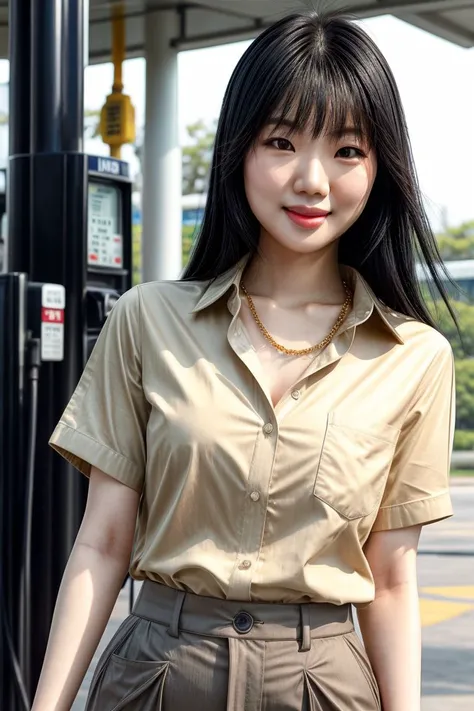 Asian woman, KM_kirsten, closeup, (shirt), pants, (gas station), gold necklace , smiling , wide shoulders, perfect face, (contact iris: 1.1), pale skin, skin pores , depth of field, Dramatic, canon50, 8k