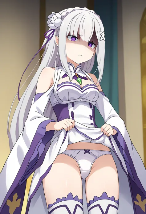 score_9, score_8_up, score_7_up, source_anime,
BREAK
1girl, solo, 
<lora:shiEmiliaV2:1> shimilia, long hair, grey hair, purple eyes, pointy ears, crown braid, hair flower, hair ribbon, purple ribbon, x hair ornament, white dress, cleavage, bare shoulders, ...