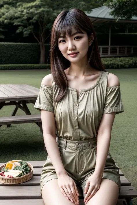 Asian woman, KM_charlotte, closeup, (shirt), pants, (picnic table), (), smiling , wide shoulders, perfect face, (contact iris: 1.1), pale skin, skin pores , depth of field, Dramatic, canon50, 8k