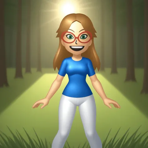 score_9, score_8, BREAK, solo, wii, mii, wii sports, 1girl, female mii, green eyes, dark blonde hair, brown eyebrows, red glasses, open mouth, dark blue clothing, white pants, flip flops, nintendo mii, modern_mii, classic_mii, breasts, ashley_(wii_sports),...