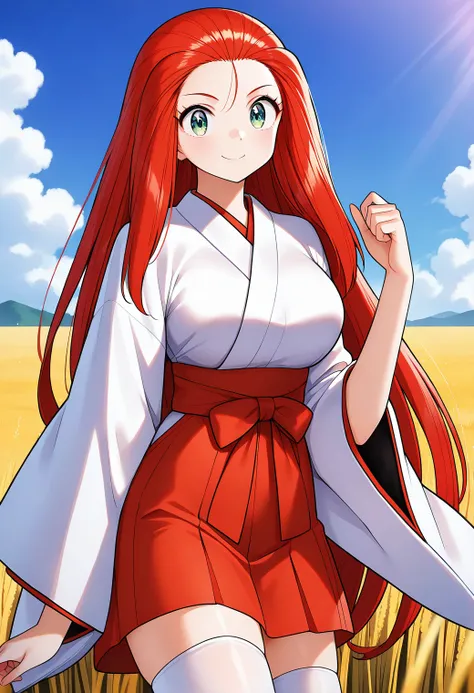 smile, hand up, cowboy shot, 
mikami_reiko, green eyes, red hair, long hair, forehead, japanese clothes, long sleeves, miko, hakama skirt, red hakama, white thighhighs, <lora:gs_mikami_reiko_illustrious_ver1:0.8>, masterpiece, best quality, general,, 1girl...