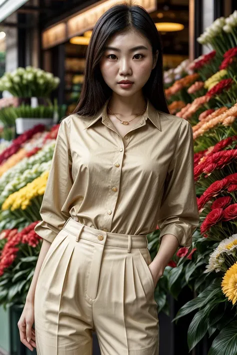 Asian woman, KM_bailey, closeup, (shirt), pants, (flower shop), gold necklace , (), wide shoulders, perfect face, (contact iris: 1.1), pale skin, skin pores , depth of field, Dramatic, canon50, 8k