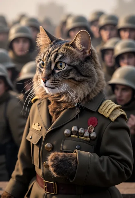 <lora:Allie_-_My_Cat_FLUX:1.0>
photograph of a fluffy, medium-sized cat named Allie with a mottled coat featuring dark brown and black tabby stripes dressed as a military general, giving a speech to a huge audience of cat soldiers.