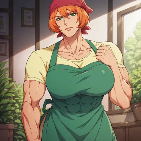 score_9,score_8_up,score_7_up, 1girl, solo, muscular, orange hair, huge breasts, abs, green eyes, bedroom. bandana, brown footwear, yellow shirt, apron,