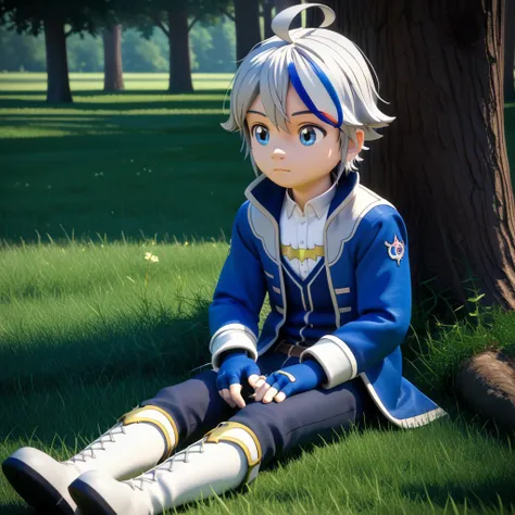 score_9, score_8, score_7, N0R3AL_PDXL, break, solo, cain_vs, 1boy, streaked hair, ahoge, blue eyes, fingerless gloves, jacket, shirt, pants, boots, sitting, cute, tree, grass, natural lighting