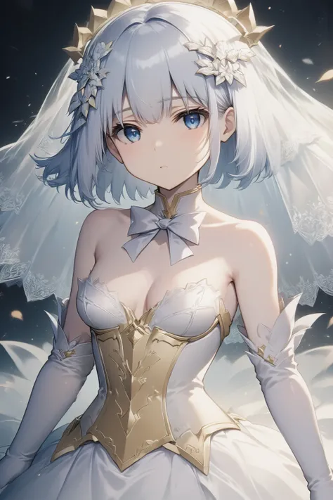 anime,Angel,blue eyes,short hair,hair ornament,bare shoulders,white dress,wedding dress,bridal veil,bowtie,white hair,strapless dress,elbow gloves,white gloves,bow,detached collar,white veil, <lora:Angel_FLUX:1>,large breasts, cleavage,