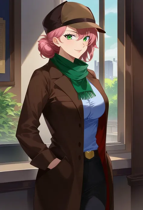 Masterpiece, High quality, anime, solo, 1girl, Oc, adult, tall, Detective woman, Short pink hair, Green eyes, Long Brown detective coat, brown Detective deerstalker hat, green scarf, black pants, serious face expression, soft smile, front, standing, leanin...