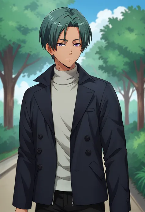 score_9, score_8_up, score_7_up, source_anime, highly detailed, 
Kikyo, 1boy, male focus, solo, dark skin, dark-skinned male, green hair, purple eyes, mole under eye, shirt, grey shirt, turtleneck, jacket, open jacket, open clothes, black jacket, pants, bl...