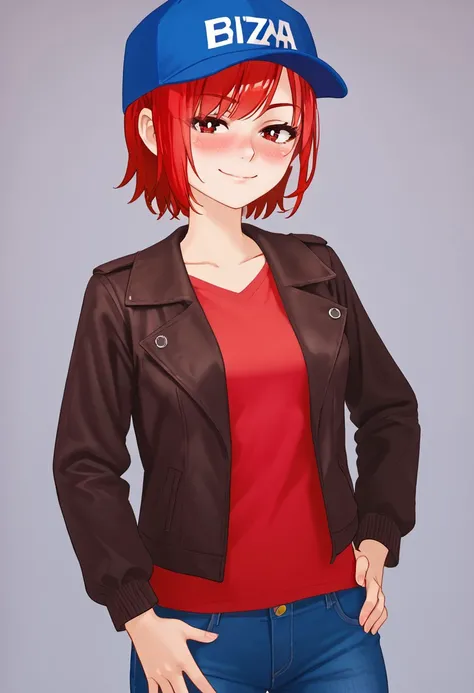 score_4,score_5,score_6,score_7_up,score_8_up,score_9 ((masterpiece,best quality,ultra detailed,highres,HD,4k:1.2)), 
1 girl,solo,face focus,
short hair,red hair,bungs,sidelocks,red eyes,
jacket,open clothes,red shirt,blue pants,denim,blue baseball cap,
ha...