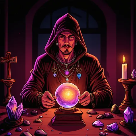 synthwave illustration, A man is seated at a table, focusing on a glowing crystal ball. He wears a brown robe with a hood and various jewelry around his neck, including pendants that suggest he might be involved in some form of mystical or occult practice....