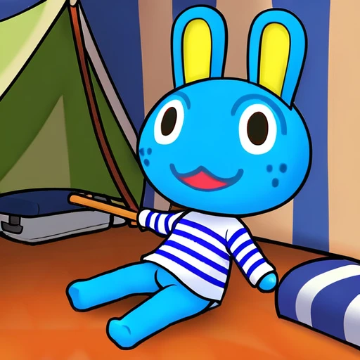 hopkins (animal crossing), furry rabbit, 1boy, holding stick, full body, indoors, tent, camping, stripped shirt, long sleeves, looking at viewer, solo, open smile, sitting, looking at viewer