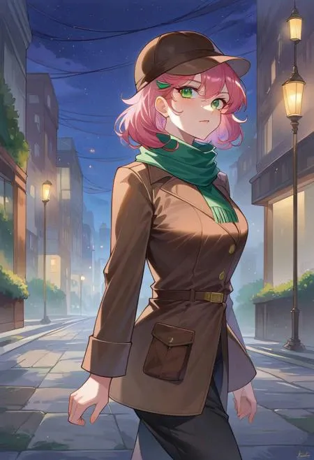 Masterpiece, High quality, OC, Female Adult woman, solo, 1girl, Detective woman, Short pink hair, Green eyes, Long Brown detective coat, brown Detective deerstalker hat, green scarf, black pants, serious face expression, walking, Brooklyn streets, night ti...