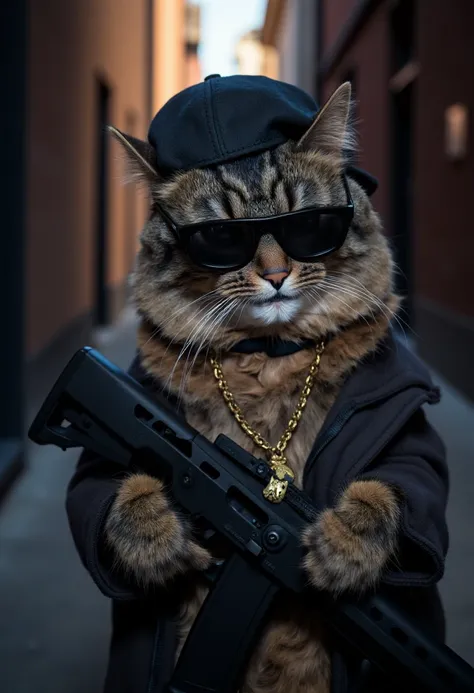 <lora:Allie_-_My_Cat_FLUX:1.0>
photograph of a fluffy, medium-sized cat named Allie with a mottled coat featuring dark brown and black tabby stripes holding a gun and wearing a black baseball cap, sunglasses and gold chain with a golden cat head in a dark ...