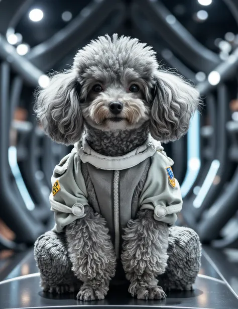 An elegant light grey poodle named Pear, meditating in a space station, adorned in a sleek astronaut suit.