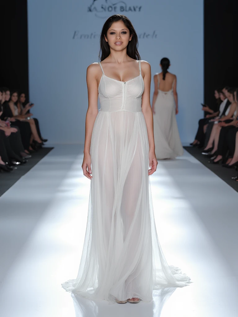 Masterpiece, best quality, eviedee123 standing at the end of a runway, fashion show in the background, stunning and elegant full length white velvet dress, sharp focus, highly detailed, 4k uhd, cinematic lighting