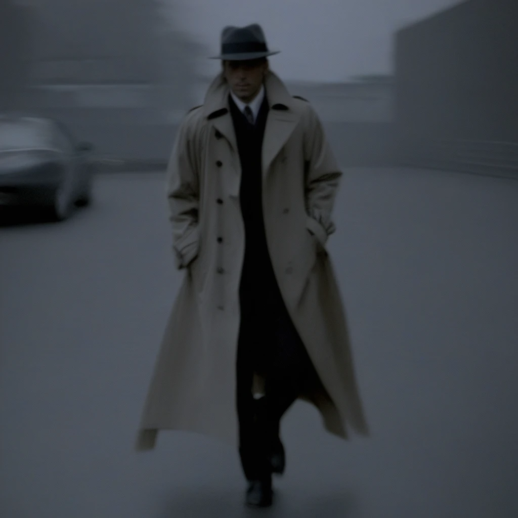 1man, trench coat, walking