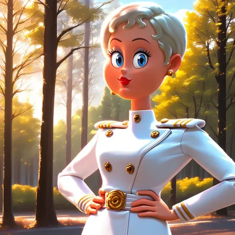 score_9, solo, ericka_vh, 1girl, short hair, platinum blonde hair, lipstick, blue eyes, uniform, earrings, looking at viewer, hands on hips, trees, natural lighting