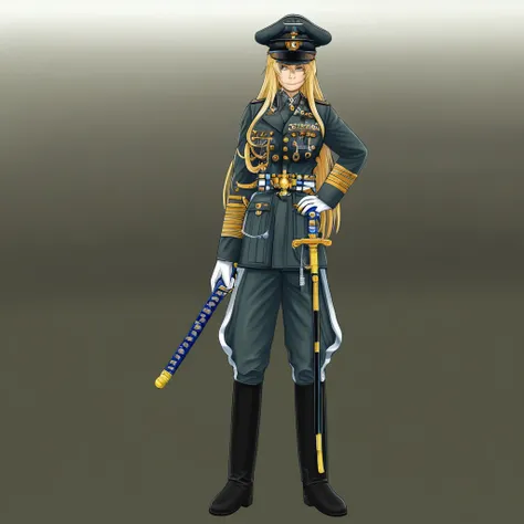 hat, weapon, blonde hair, Holding a marshals baton, long hair, solo, military, boots, sword, black hair, military uniform