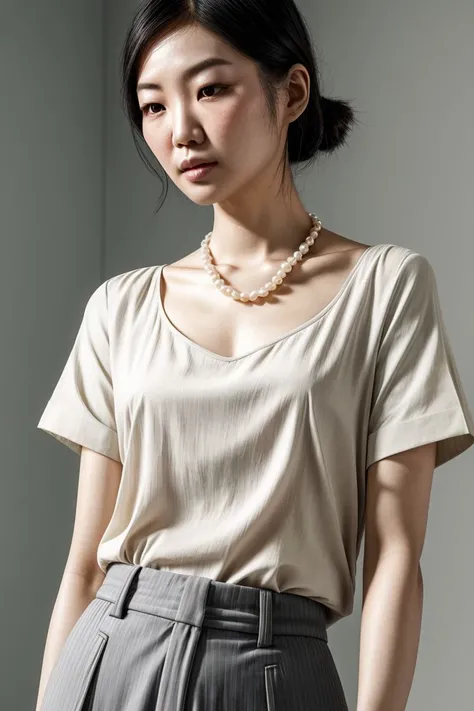 photorealistic, Asian woman, KM_mi-sun, closeup, (shirt), pants, (Hallstatt, Austria), pearl necklace , (), wide shoulders, perfect face, (contact iris: 1.1), pale skin, skin pores , depth of field, Dramatic, canon50, 8k