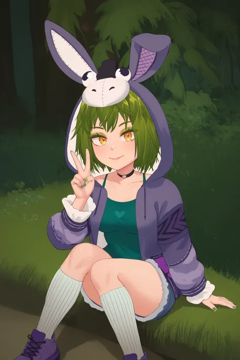 score_9, score_8_up, score_7_up, score_6_up, BREAK, RyumiVTXL, green eyeshadow, yellow eyes, green hair, short hair, bangs, black choker, medium breasts, purple jacket, animal hood, hood up, long sleeves, green tank top, denim shorts, white socks, purple s...