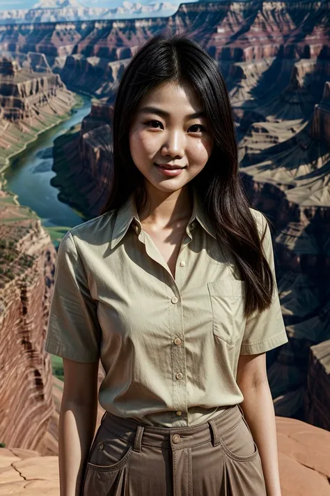 Asian woman, KM_bailey, closeup, (shirt), pants, (grand canyon), (), smiling , wide shoulders, perfect face, (contact iris: 1.1), pale skin, skin pores , depth of field, Dramatic, canon50, 8k