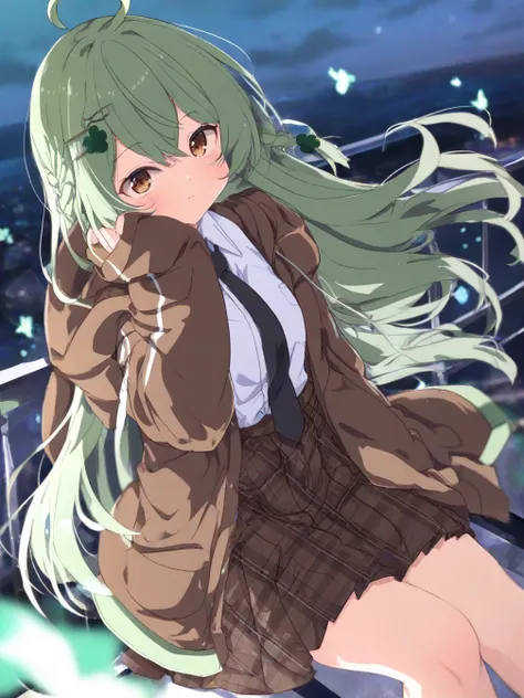 1girl,solo,long hair,looking at viewer,bangs,skirt,shirt,hair ornament,long sleeves,brown eyes,very long hair,closed mouth,jacket,white shirt,braid,ahoge,pleated skirt,green hair,open clothes,necktie,sky,collared shirt,hood,blurry,open jacket,sleeves past ...