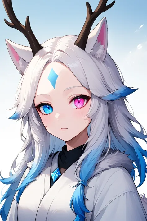 ((Nykir Eldrakar), white hair, right blue eye, left pink eye, dragon antlers, blue forehead marking, wolf ears, wolf tail), Adult, 1girl