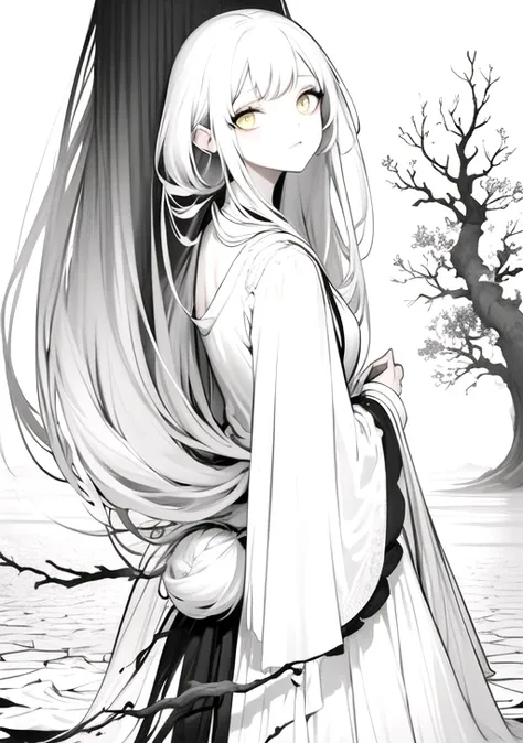 1girl,<lora:20241030-1730280805973:1>,greyscale,manga drawing style,(glittering yellow eyes),
<lora:æ¯æ1:0.6>,(her back and hair gradually turning into branches and twigs of a tree),