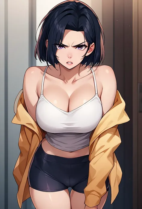 score_9_up, score_8_up, score_7_up, source_anime, high quality, masterpiece, go seong-ah, 1girl, solo, breasts, black hair, bra strap, looking at viewer, large breasts, bike shorts, shorts, purple eyes, off shoulder, collarbone, parted lips, shirt, sweater...