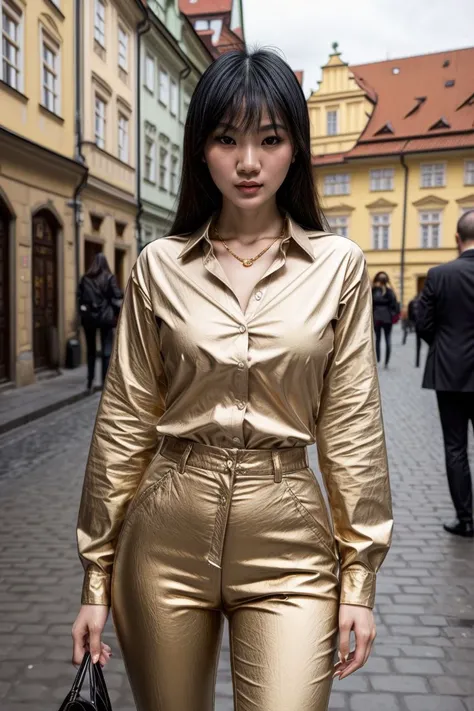 Asian woman, KM_bulan, closeup, (shirt), pants, (Prague Old Town Square), gold necklace , (), wide shoulders, perfect face, (contact iris: 1.1), pale skin, skin pores , depth of field, Dramatic, canon50, 8k