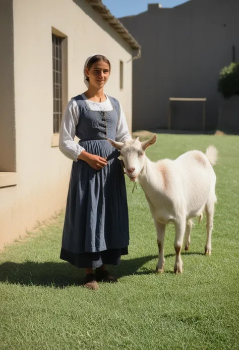 A young peasant woman standing with a goat on a sun-drenched lawn