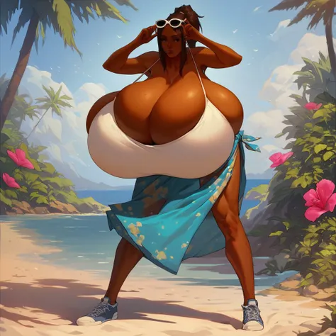 score_9,score_8_up,score_7_up, 1girl, solo, gigantic breast, bursting breasts, dark skin, sarong, flower, ponytail, lips, sunglasses, eyewear on head, sneakers, bikini, very dark skin, reference inset, beach, exercise