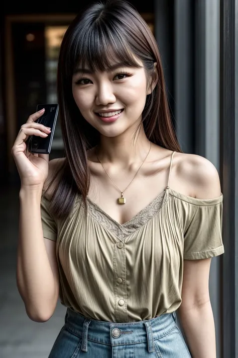 Asian woman, KM_charlotte, closeup, (shirt), pants, (talking on the phone), cross necklace , smiling , wide shoulders, perfect face, (contact iris: 1.1), pale skin, skin pores , depth of field, Dramatic, canon50, 8k