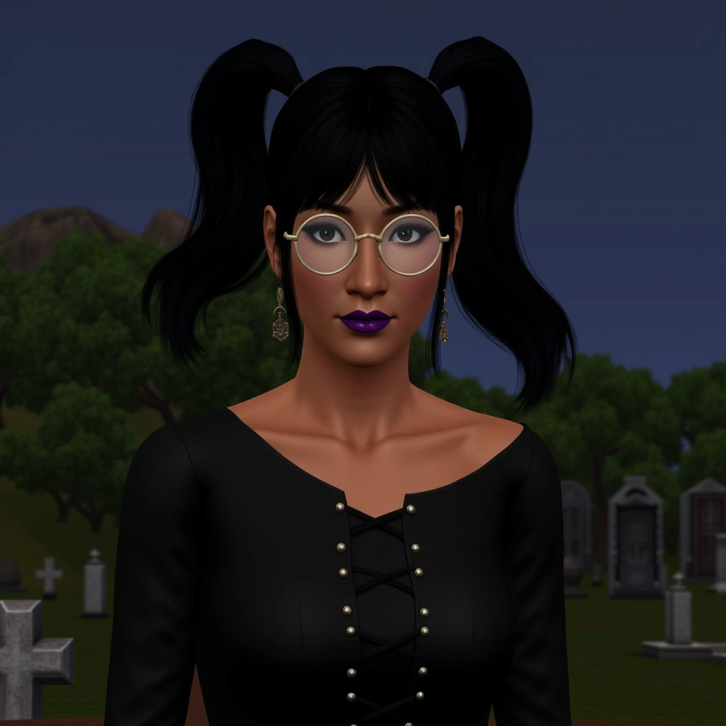 ts3style,portrait,ts3style, 1woman, tanned skin, black hair, ((twintails)), glasses, round eyewear, purple lips, makeup, brown eyes, Gothic theme, black dress, long sleeves, cemetery,night