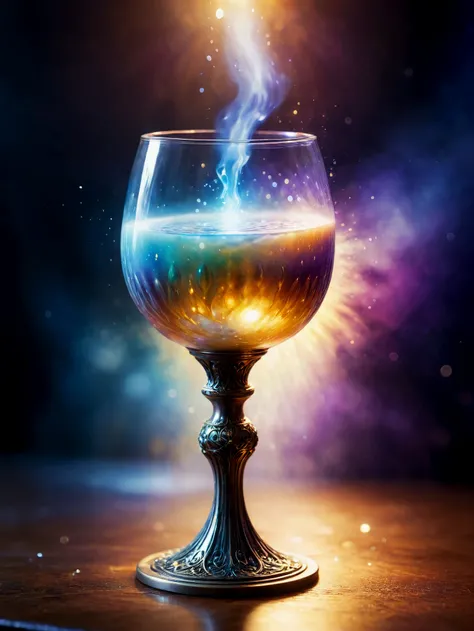 A goblet filled with a mysterious potion. Rising from the goblet is a stream of pearlescent fog, brilliant glowing elements.

<lora:FntsyLightShow01_CE_SDXL_64x32x220x2bOT:0.7> fntsylghtshwCE_style