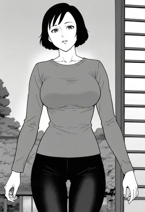 score_9, score_8_up, score_7_up, source_anime, anime screencap, ogawara, 1girl, solo, short hair, brown hair, bob cut, brown eyes, black hair, brown hair, pants, long sleeves, greyscale, monochrome,  large breasts, sexy pose,