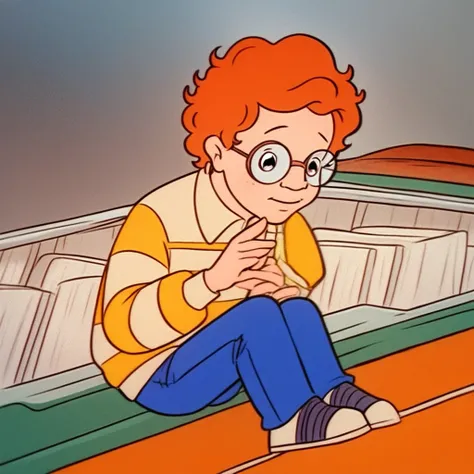 score_9, score_8_up, score_7_up, highly detailed, 1boy, cute boy, solo, ArnoldPerlstein, curly hair, orange hair, green eyes, fair skin, yellow and white striped polo, long-sleeved polo shirt, blue jeans, navy and white sneakers, eyeglasses,