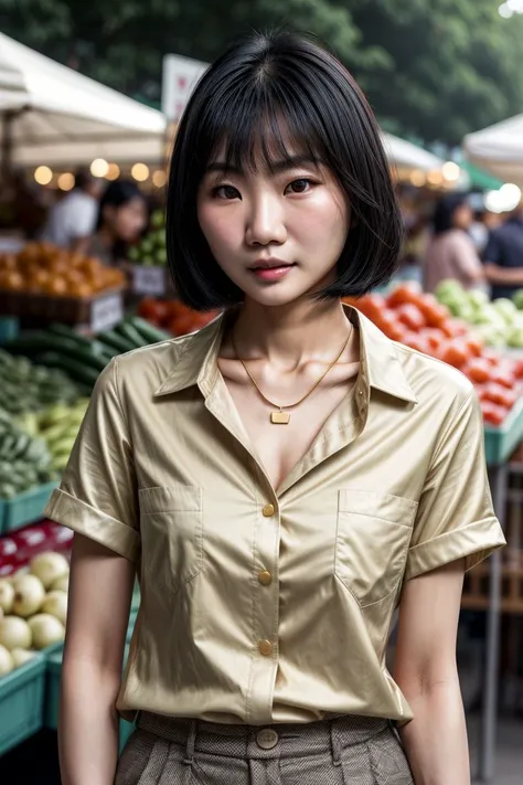 Asian woman, KM_bethany, closeup, (shirt), pants, (farmers market), gold necklace , (), wide shoulders, perfect face, (contact iris: 1.1), pale skin, skin pores , depth of field, Dramatic, canon50, 8k