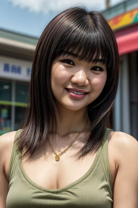 photorealistic, Asian woman, KM_caitlyn, closeup, (shirt), pants, (convenience store), gold necklace , smiling , wide shoulders, perfect face, (contact iris: 1.1), pale skin, skin pores , depth of field, Dramatic, canon50, 8k