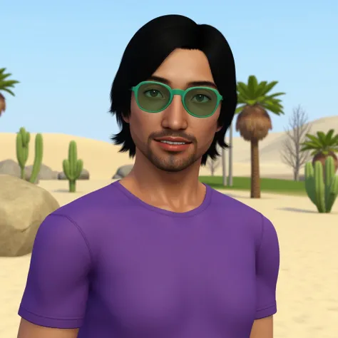 ts3style,portrait,desert,cacti,palms,beach,smile,looking at viewer,posing,1man, black hair, ((medium hair)), brown eyes, green sunglasses, ((tanned skin)), beard stubble, purple t-shirt