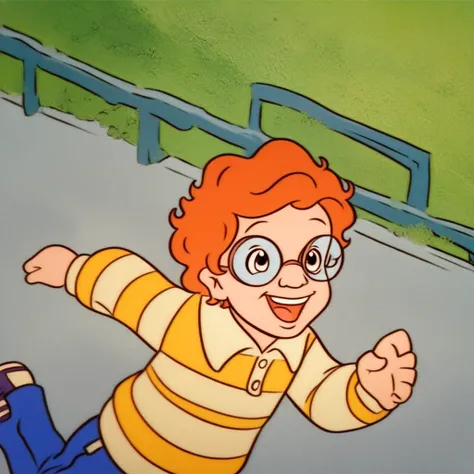 score_9, score_8_up, score_7_up, highly detailed, 1boy, cute boy, solo, young, ArnoldPerlstein, curly hair, orange hair, green eyes, fair skin, yellow and white striped polo, long-sleeved polo shirt, blue jeans, navy and white sneakers, eyeglasses, happy ,...