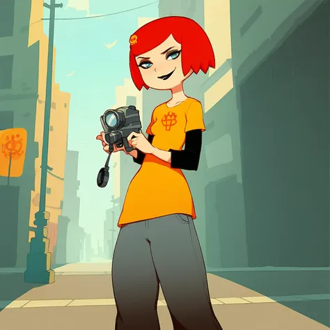 score_9, score_8_up, score_7_up, (doxy:0.6),BREAK,source_cartoon, 1girl, solo, detailed background,streets, flaming car, city, holding camera, filming, looking at viewer, smirking,teenage girl, small breasts,red hair(dyed), short hair, black eyeliner, blac...