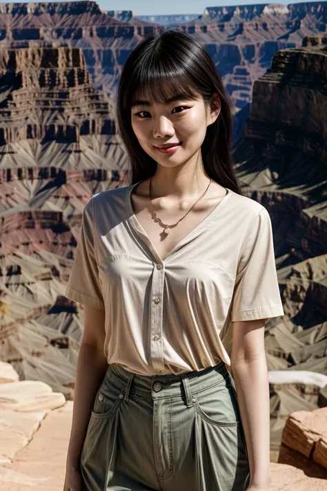 Asian woman, KM_hailey, closeup, (shirt), pants, (grand canyon), cross necklace , smiling , wide shoulders, perfect face, (contact iris: 1.1), pale skin, skin pores , depth of field, Dramatic, canon50, 8k