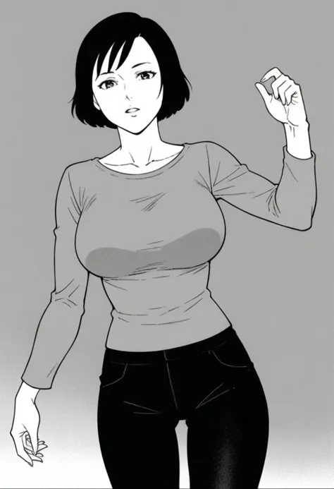 score_9, score_8_up, score_7_up, source_anime, anime screencap, ogawara, 1girl, solo, short hair, brown hair, bob cut, brown eyes, black hair, brown hair, pants, long sleeves, greyscale, monochrome,  large breasts, sexy pose,